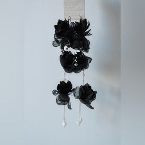 NWT Anthropologie Long Black Floral Pearl Statement Earrings